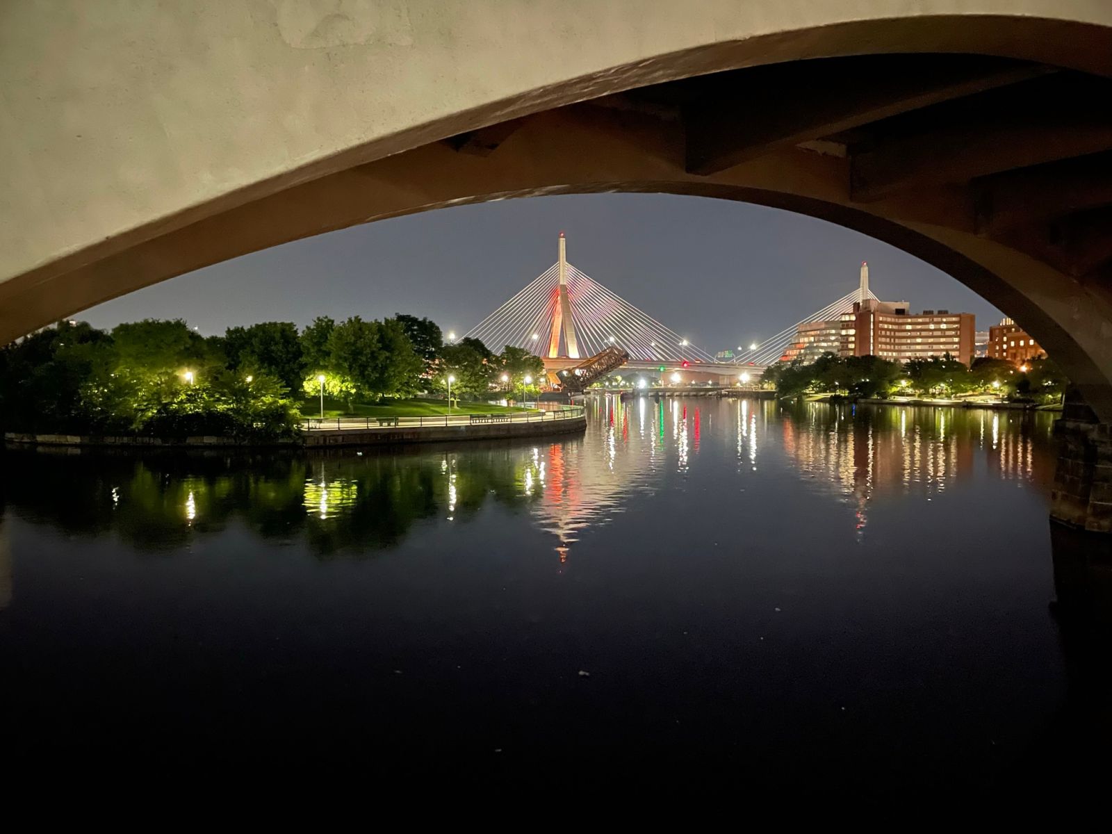 Photo of the Charles River in Boston at night